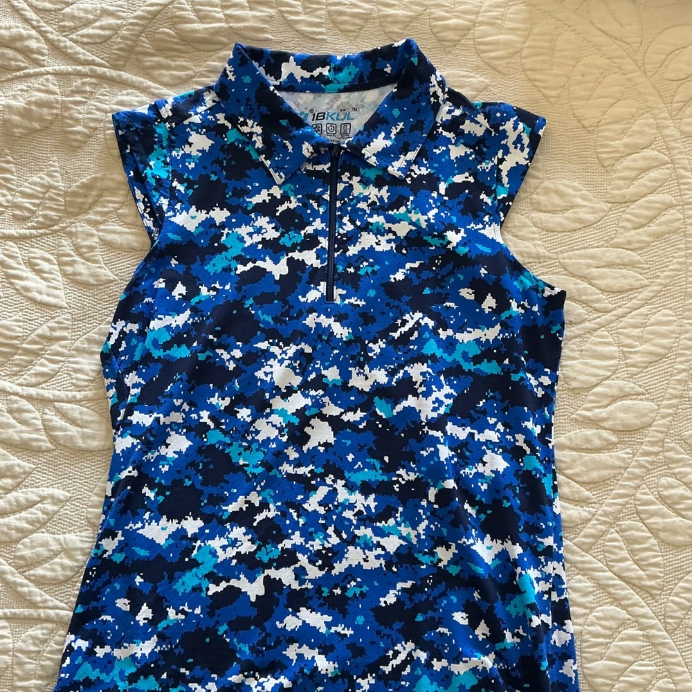 IBKUL Blue and White Camouflage Ladies Golf Shirt